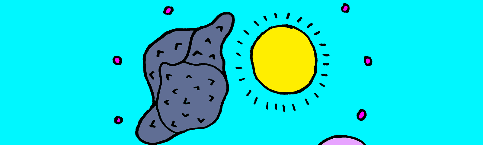 A face, a hand, a spiky blob, a sun, and a hole float in the air within a ring of dots