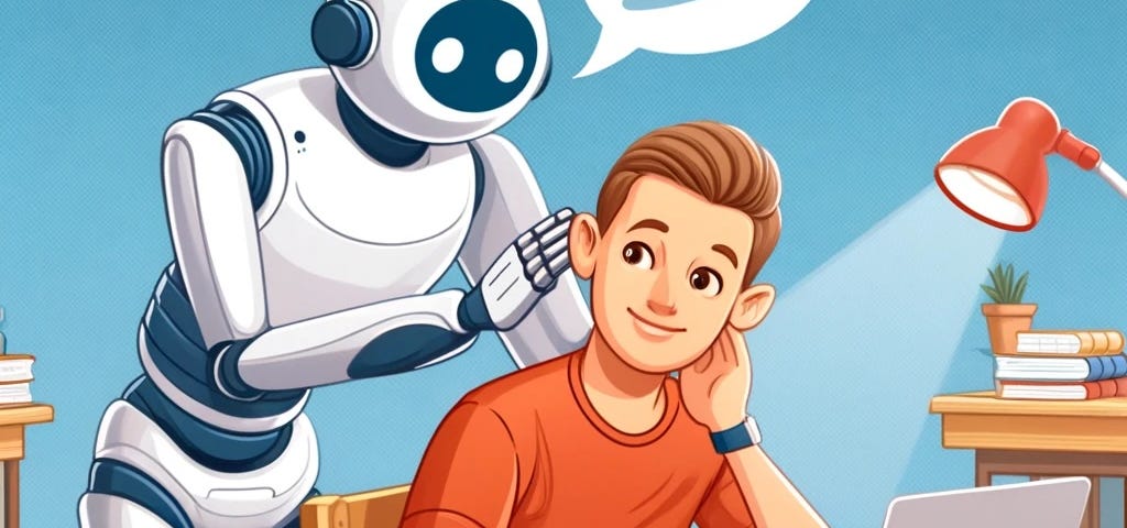 IMAGE: A robot whispering in the ear of a student while he works on an essay