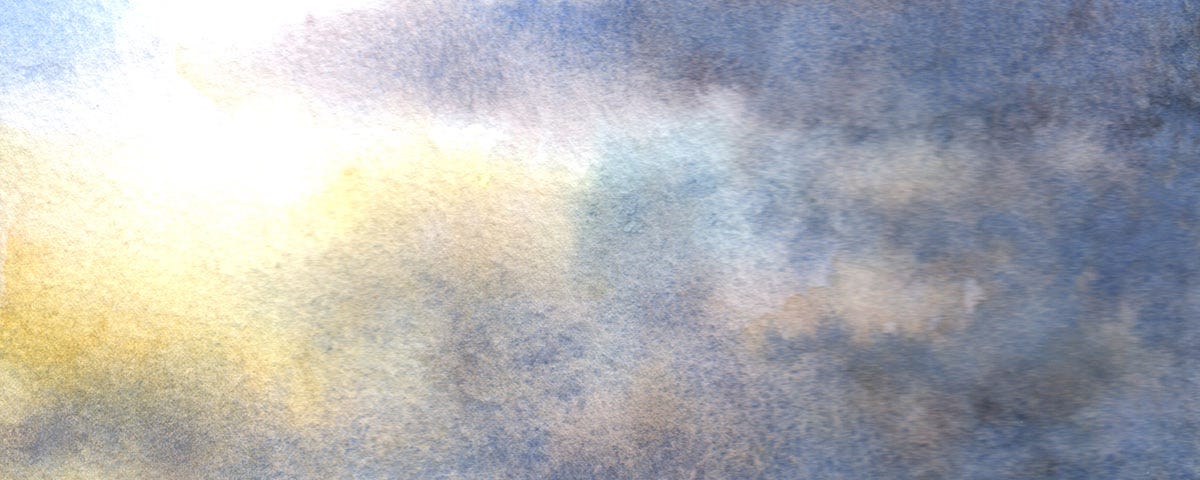 Watercolour painting of a dog looking at a landscape after a storm has passed over.