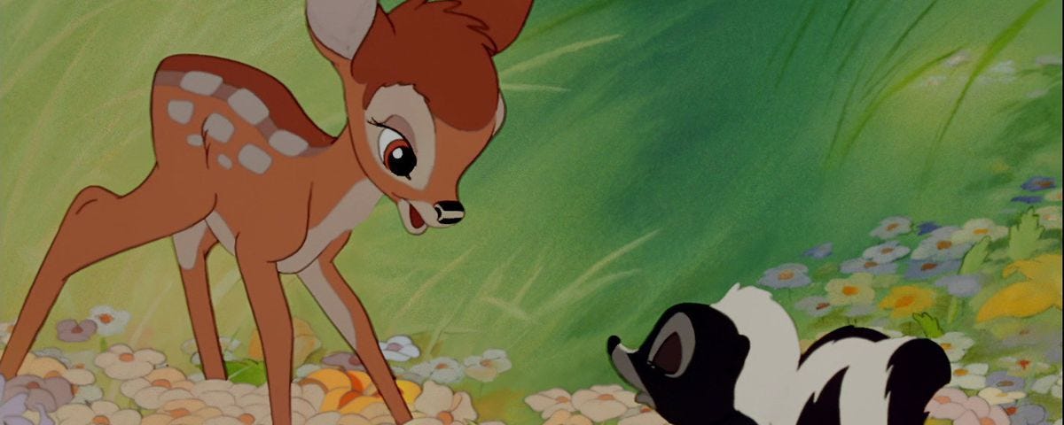 Bambi meets Flower the skunk in a field of spring flowers.
