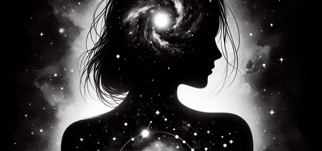 A black silhouette of a woman surrounded by white light. Inside her is another girl standing, with a cosmic vibe.