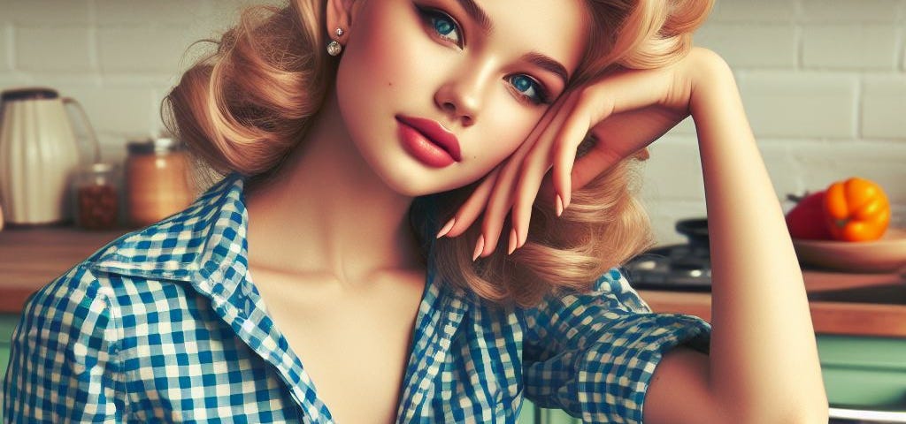 1950s blonde teenage girl, gingham shirt and jeans