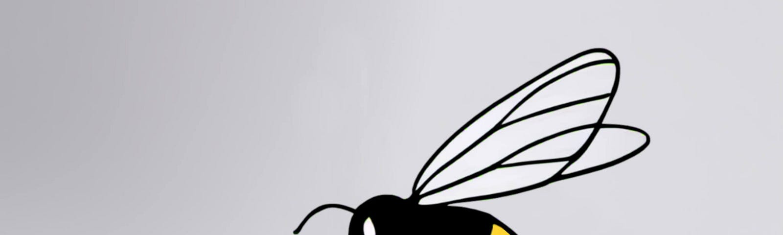 Black and white image of a bee hovering over a ball. Splash of yellow in the bee. The kids logo is in black and white at the top of the image with a splash of yellow added.