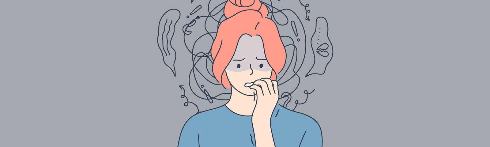 Illustration of woman with swirling anxious thoughts around her.