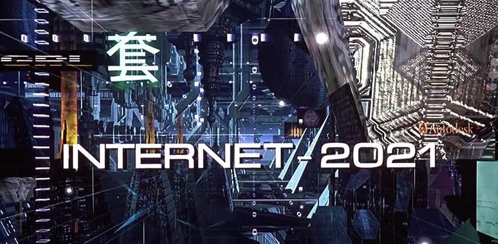Screenshot from Johnny Mneumonic reading “Internet — 2021” with a futuristic backdrop.