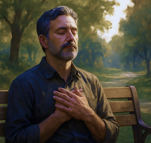 A middle-age man sitting on a garden bench with his hands folded over his heart.