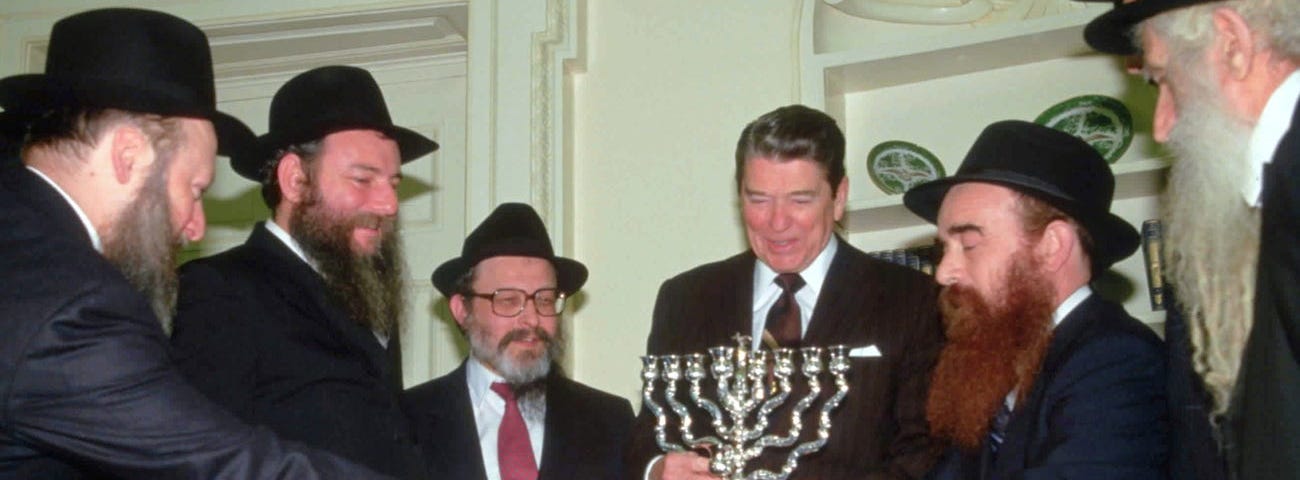 Ronald Reagan receiving Rabbis at the White House on Hanukkah in 1984.