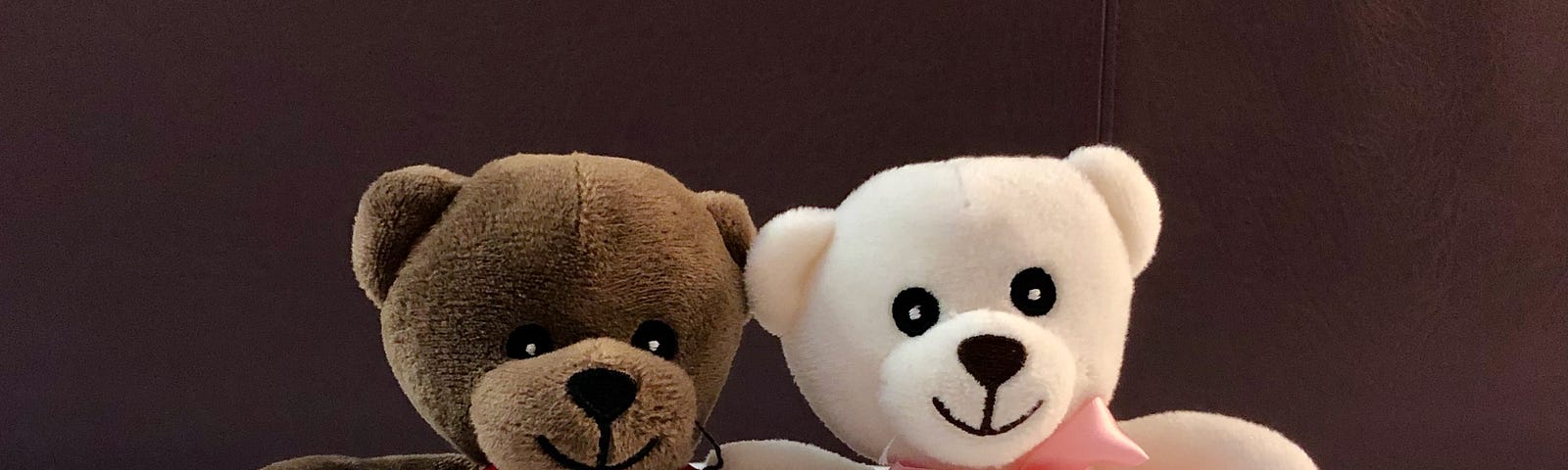 A close-up of two small bears in bed.