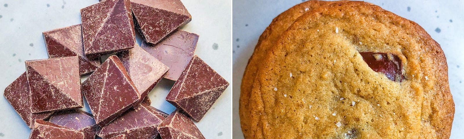 The chocolate chips (left) and the cookie (right).