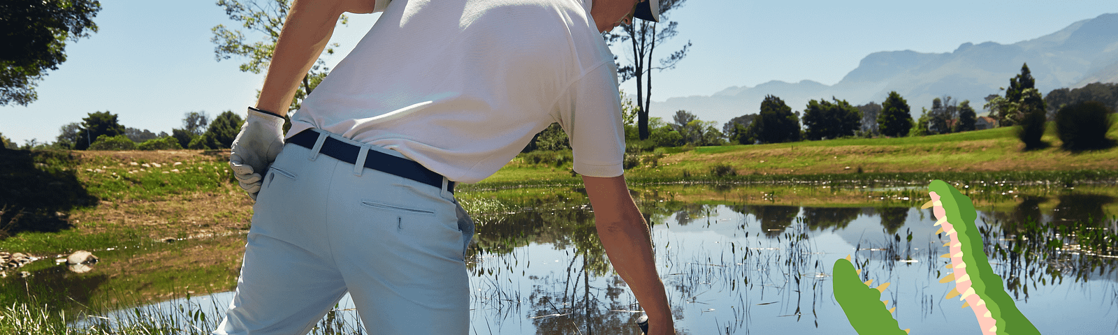 golfer looking in water hazard while alligator head pokes out