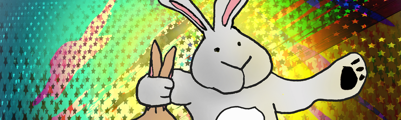 A cartoon image of a gray bunny pulling a brown bunny out of a magician’s top hat. The background is a multi-colored pattern of shadows and stars. Art by Doodleslice 2024