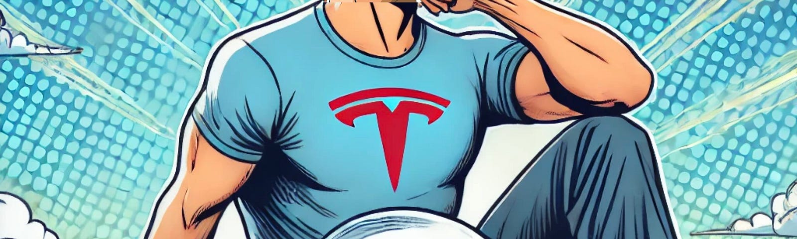 IMAGE: A cartoonish Elon Musk sitting on a cloud with the Tesla logo, wearing a t-shirt also with the Tesla logo
