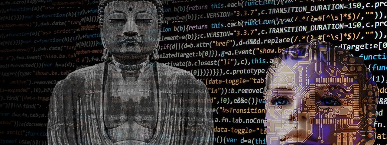 Buddha image with AI represents Buddhist wisdom applied to current technology for holistic solutions to complex problems.