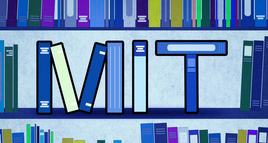 Illustration of a bookshelf where some of the book spines spell out “MIT”