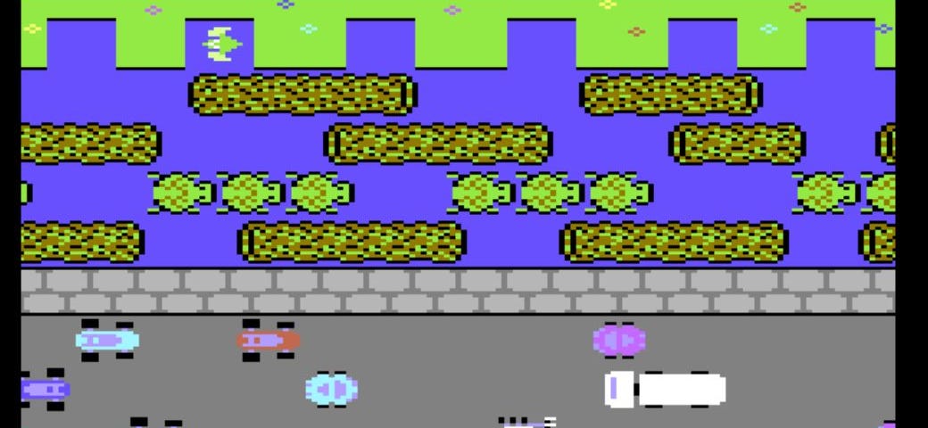 Screen shot of classic “Frogger” game from the 80s