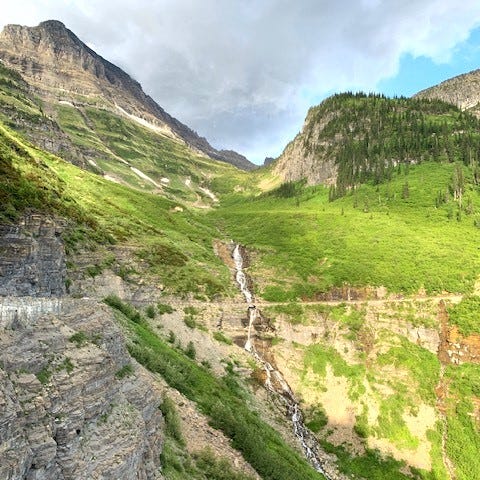 Long thin winding waterfall along the Going-to-the-Sun Road in Glacier National Park. Photo by the author.