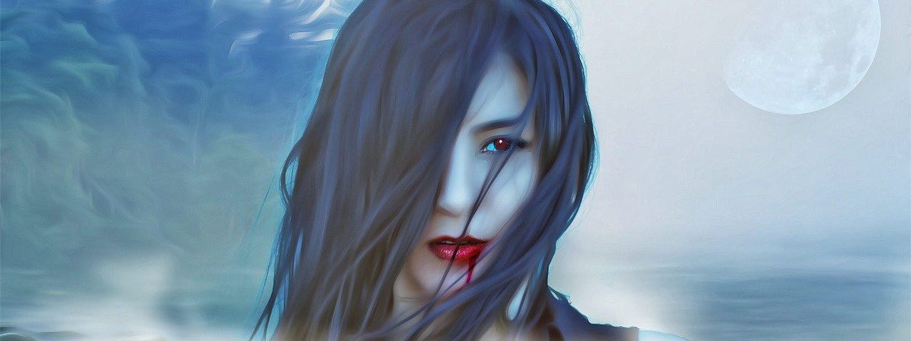Vampire-like woman with dark hair, some blood dripping from the side of her mouth and the Moon in the background.