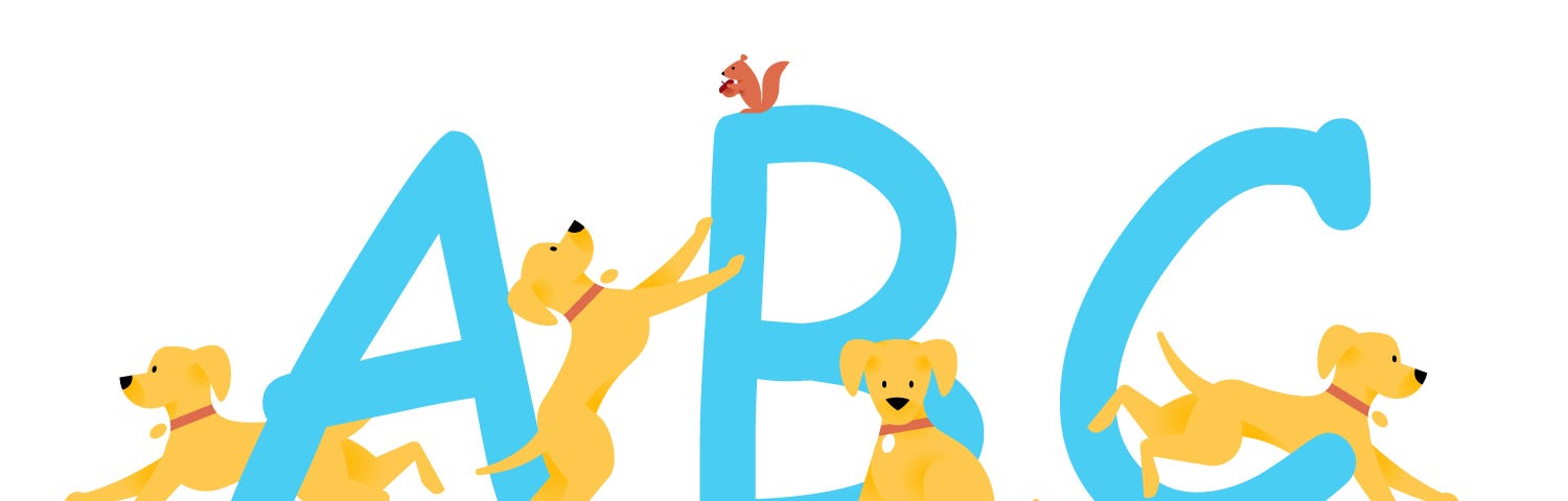 The letters “A, B, and C” in Comic Sans font with puppies playing around it.