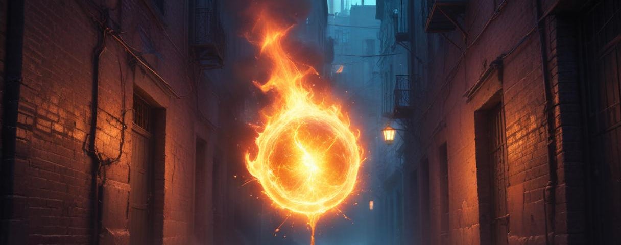 fireball spell, in a dark alley, fantasy art
