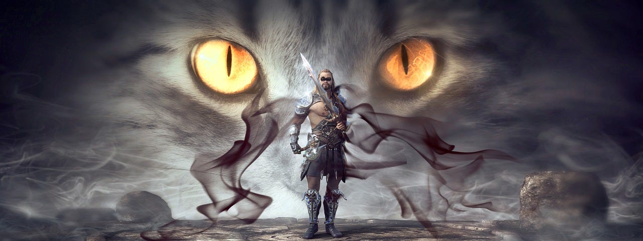 A warrior man surrounded in smoke and standing in front of cats eyes.