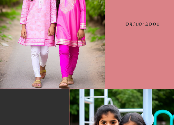 Top image prompt: Two Pakistani little girls in traditional dress,, full body view. Bottom image prompt: Two Pakistani little girls sitting together, sad expressions, wearing denim pants and short sleeve t-shirts.