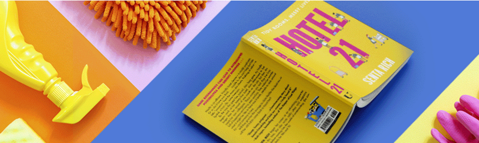 A styled photo of the book next to hotel cleaning supplies on a colorful background.