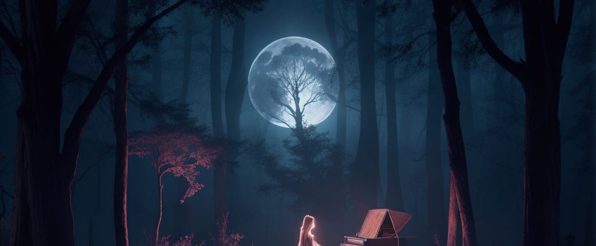 A moonlit clearing in a dark, ancient forest, bathed in the eerie glow of a crimson moon. In the center stands a dilapidated mansion, its decaying walls casting long shadows on the ground. A figure, ghostly and ethereal, plays a piano near a stained-glass window, the haunting music echoing through the stillness.