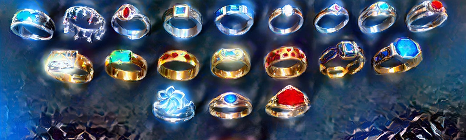 All 20 Rings of Power in an AI rendered image. From top to bottom: The 9 rings of mortal men, the 7 rings of the Dwarves, the 3 rings of the Elves and finally Dark Lord Sauron’s Master Ring of Power.