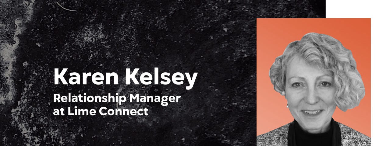 A graphic that features Karen Kelsey, Relationship Manager at Lime Connect, along with her headshot.