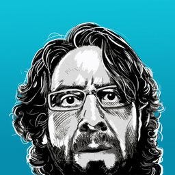 Graphic of Marc Maron’s face in blue.