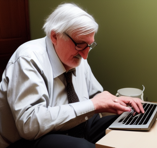 An image of Jürgen Habermas hunched over a laptop, as imagined by the AI art of Dreamstudio