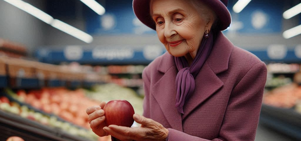 A woman wearing purple hat, scarf and jacket admires an apple at grocery store.