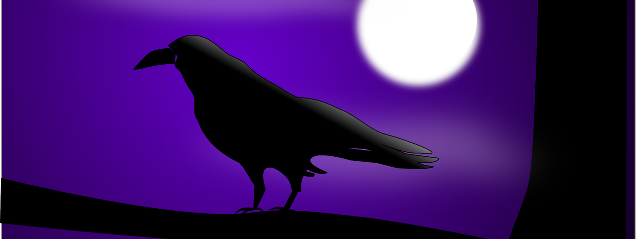 A raven on a branch with the moon behind it