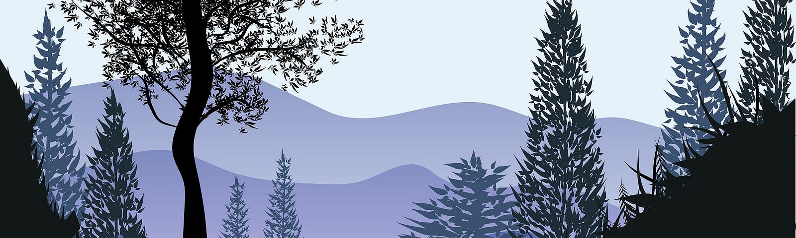 Illustration of mountains and trees in shades of violet.