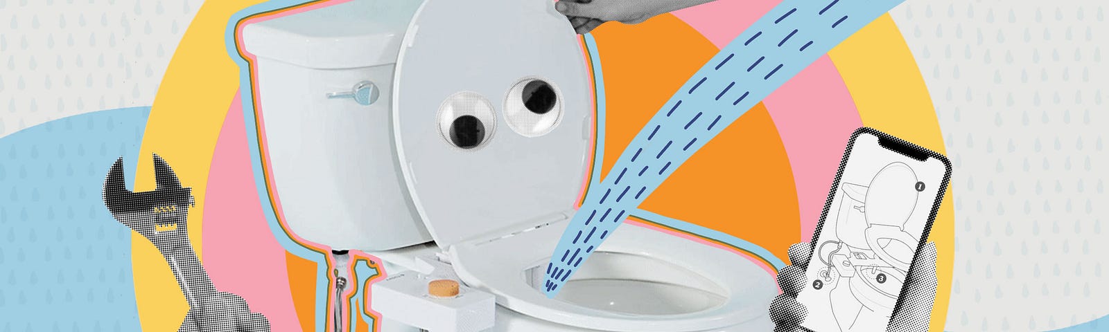 Water sprays from a bidet attached to a toilet with googly eyes. Surrounding it are three hands: One touches the lid, one holds a wrench, and one holds a smartphone displaying a toilet diagram.