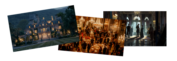 Collage of AI-generated images depicting a gathering in a mansion