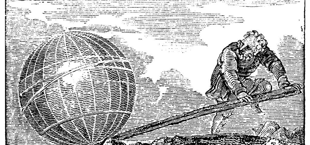 a black-and-white woodcut illustration of Archimedes with a lever and fulcrum moving the world.