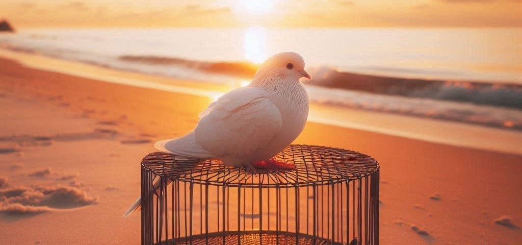 A white dove sits on top of an empty cage lying on the beach at sunset