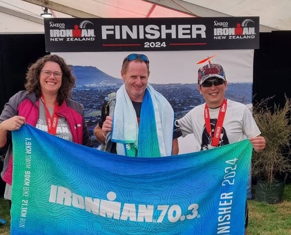 My teammates Brenda & Andrew helped me complete Ironman 70.3 team triathlon, Taupo New Zealand 2024