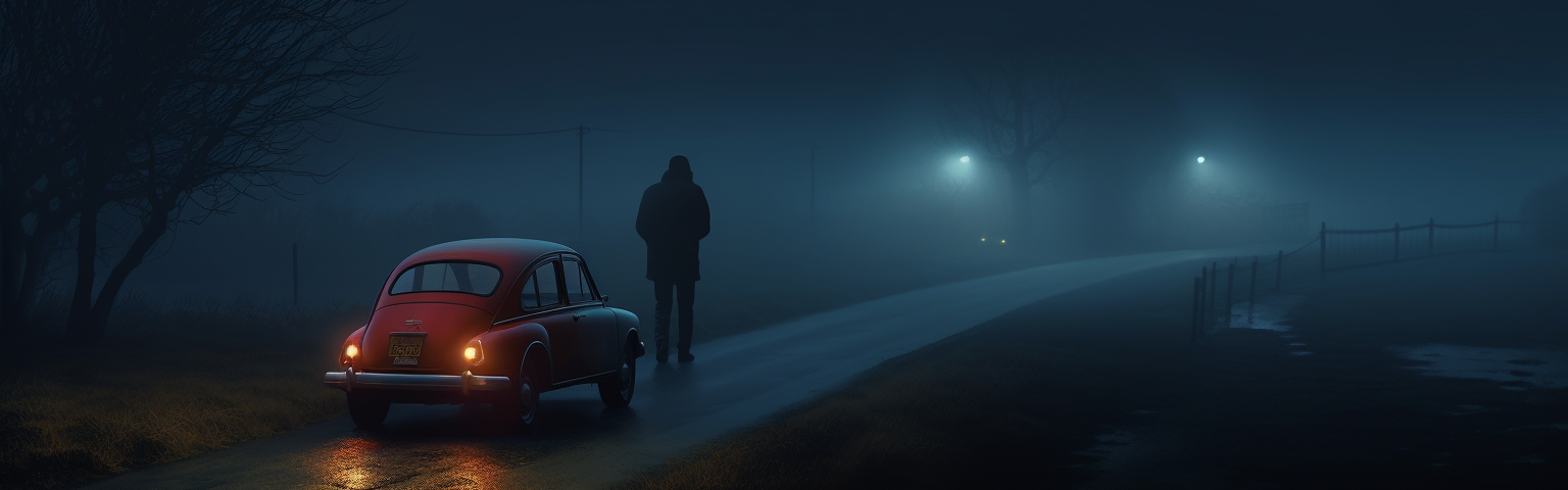 A hitchhiker being picked up on a foggy night.