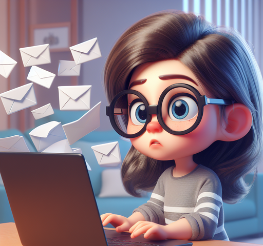 Cartoon looking girl with oversized glasses, worriedly looking at a computer screen, while emails fly out of the screen.