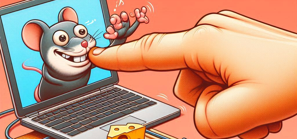 A human finger is pointing at a laptop screen with a mouse on it. The laptop is set inside a mousetrap that has a piece of cheese. The image is meant to represent click bait.