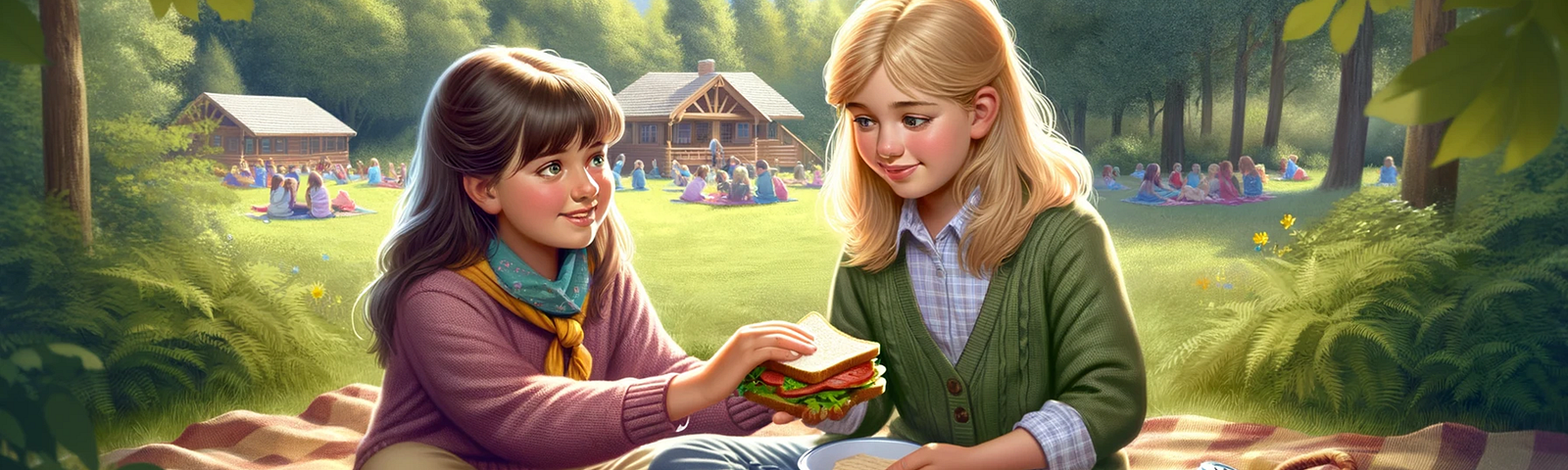 This image illustrates the moment when a young girl shares her sandwich with her best friend at summer camp, capturing the essence of kindness and respect among friends in a warm, sunny outdoor setting.