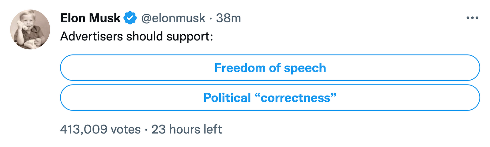 Screen shot of tweet pull asking whether advertisers should support “Freedom of speech” or “Political Correctness.”