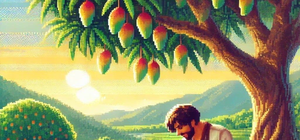 a colorful painting of a farmer (wearing Golang shirt) collecting fallen mangos under a mango tree in the style of 1800s, pixel art