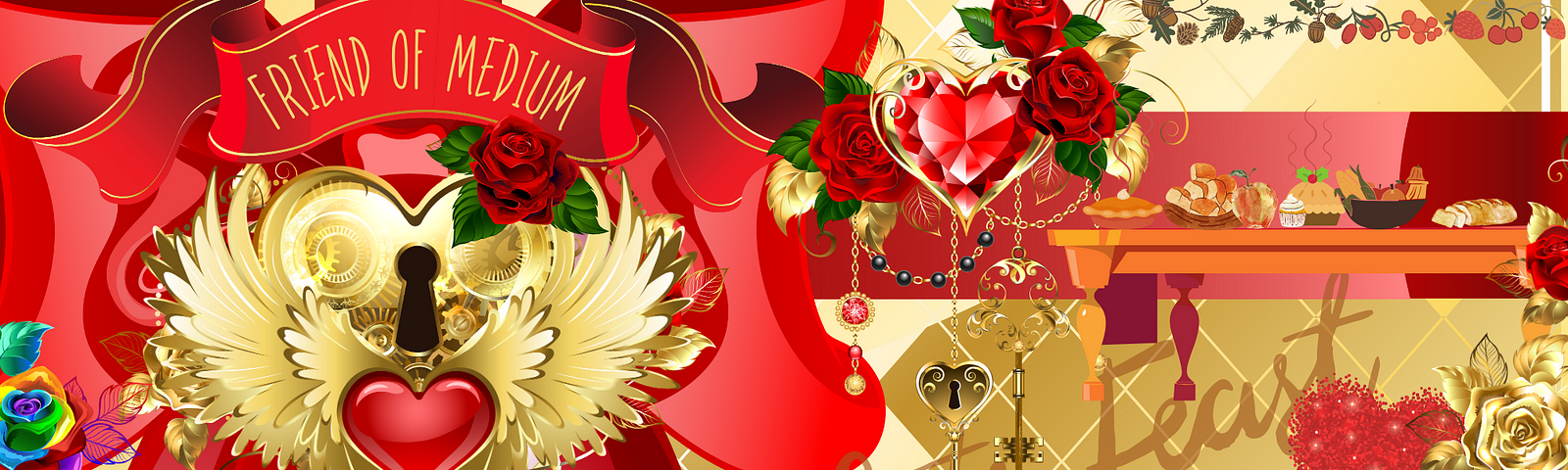 A festive scene of glowing red hearts, a golden keyhole, golden keys, a banquet table with delicious pies. Gold and red roses. A red banner, saying Friend of Medium.