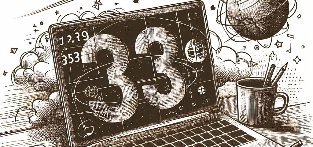 A computer screen with the number “33” on it and a planet, plane, and phone surrounding it, as well as a hand writing a note with a pencil on a notepad.