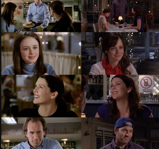 Side-by-side images demonstrating the parallels between the pilot episode of Gilmore Girls and the season seven finale. In both episodes, Rory looks admiringly at Lorelai, Lorelai looks admiringly at Luke, and Luke looks adoringly at Lorelai, then the camera pulls away in a spy shot through the front window of Luke’s diner while it is dark outside.