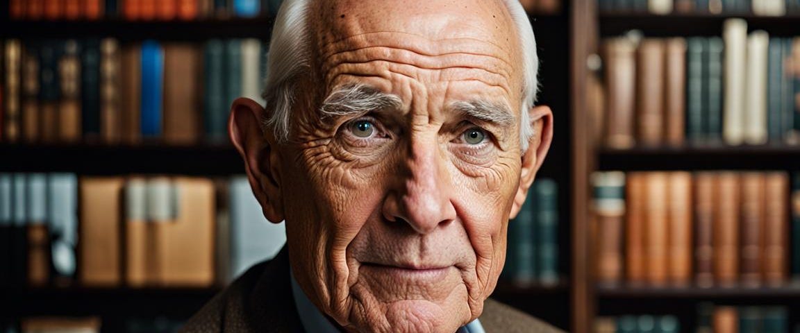 Elderly man head and shoulders, in library