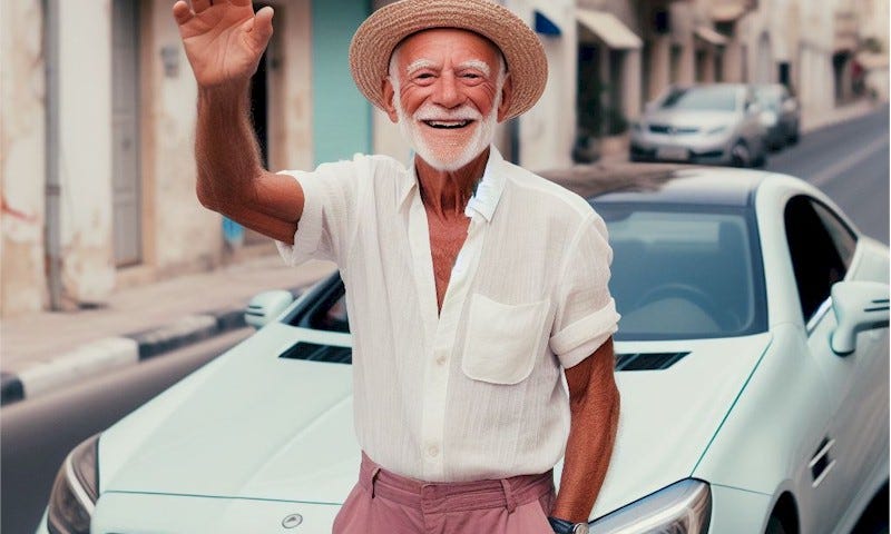Elderly man wearing pink shorts and white t-shirt, leaning on a pale blue car. He is waving and smiling.